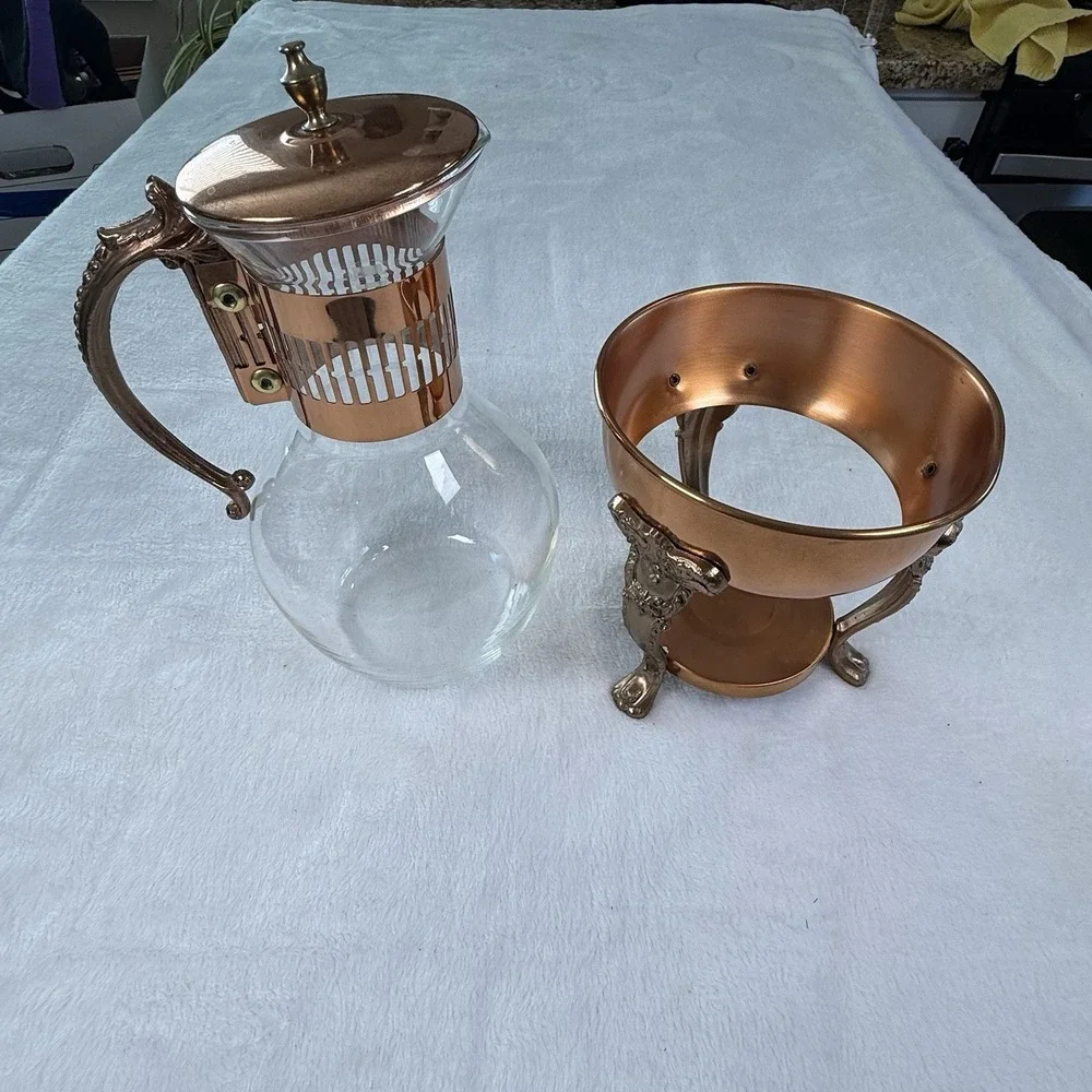 Vintage Corning Heat Proof Glass Carafe Pot with Copper Warmer Stand MCM 8 Cup